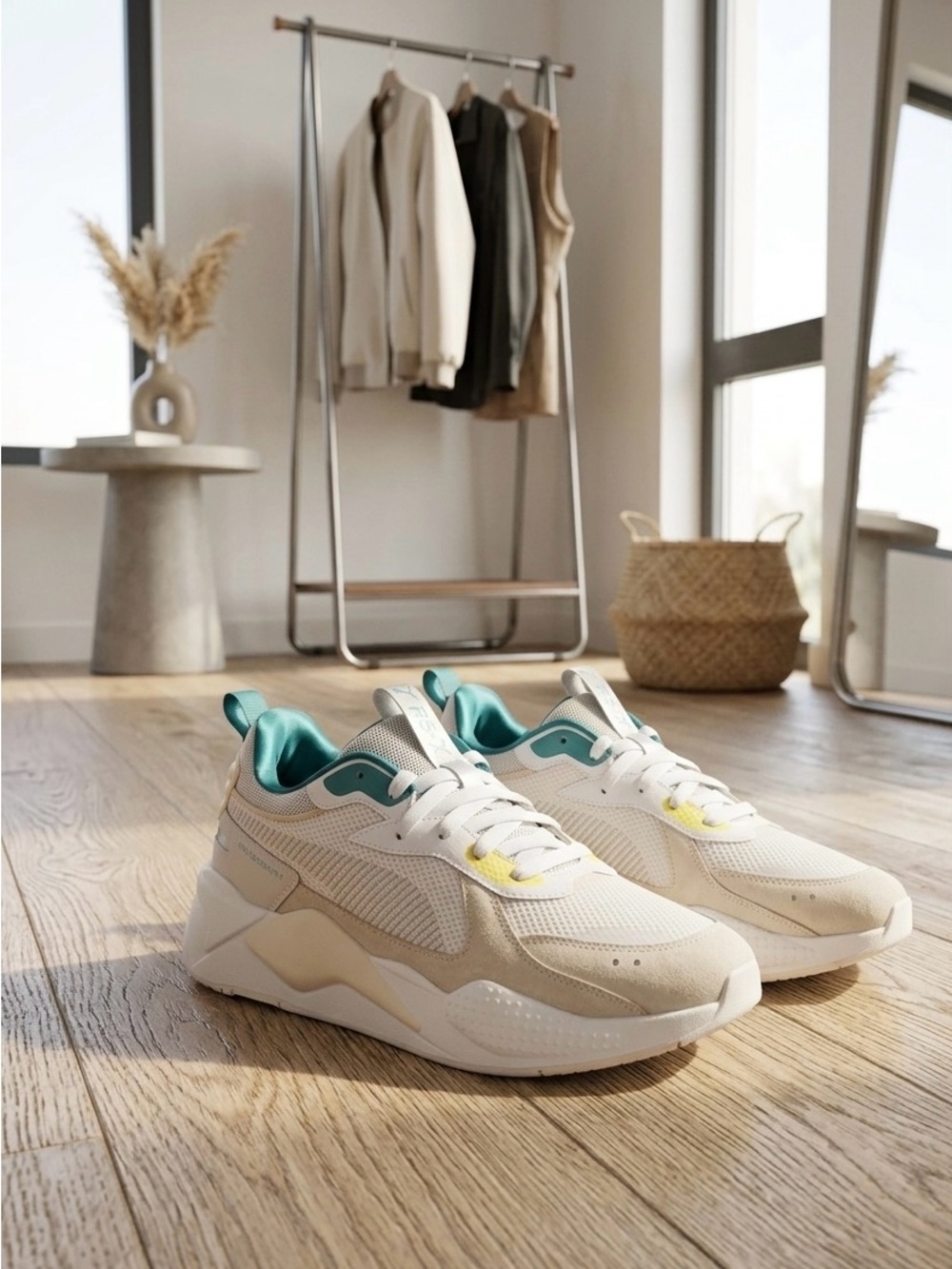 Puma Women's Cream Athletic Sneakers with Teal and Yellow Accents